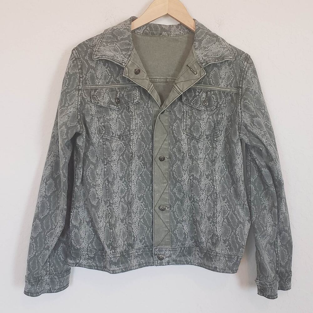 Reversible Denim Jacket Green and Snake Print‎ Women's Large Transitional Casual